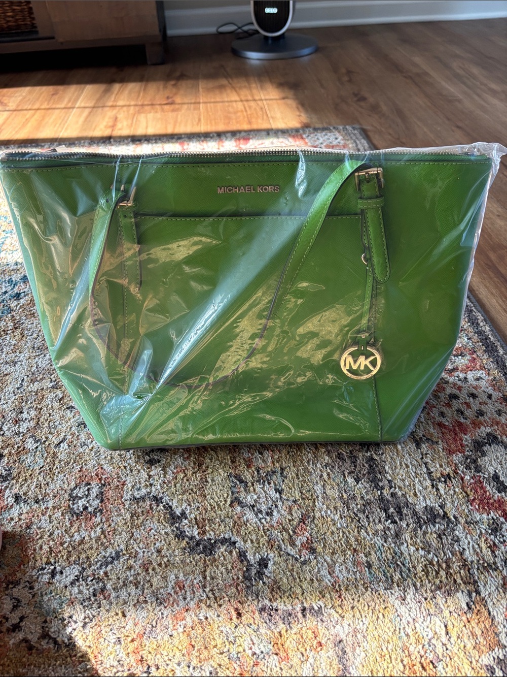 Michael Kors Bright Green Leather Tote with Gold MK Charm